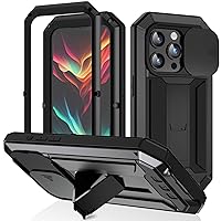 Case for iPhone 15/15 Pro/15 Plus/15 Pro Max, Metal Bumper Silicone Case with Sliding Camera Lens Cover & Kickstand & Screen Protector, Military Shockproof Rugged Case,Black,iPhone15 ProMax