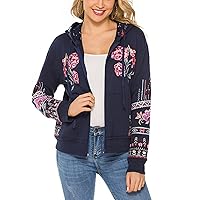 Kissonic Women's Long Sleeve Embroidered Sweatshirt Boho Mexican Hoodie Full Zip Coat (Navy, Large)