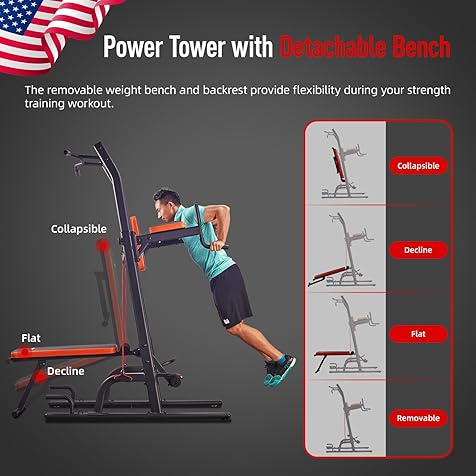 Multifunction Power Tower with Bench Pull Up Bar Dip Station for Home Gym Workout Strength Training Fitness Equipment