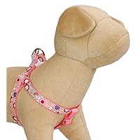 Comfortable dog harness : Retro pink flower print cotton 100 % designer fabric on durable pink nylon backing. Easy to use snap on - off buckle pet harness for small dogs to medium dogs. Handmade in the U.S.A. 5/8 inch, M2