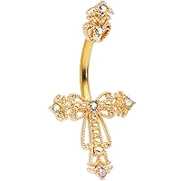 Body Candy Womens 14G PVD 36L Steel Navel Ring Piercing Clear Accent Scrollwork Cross Belly Button Ring