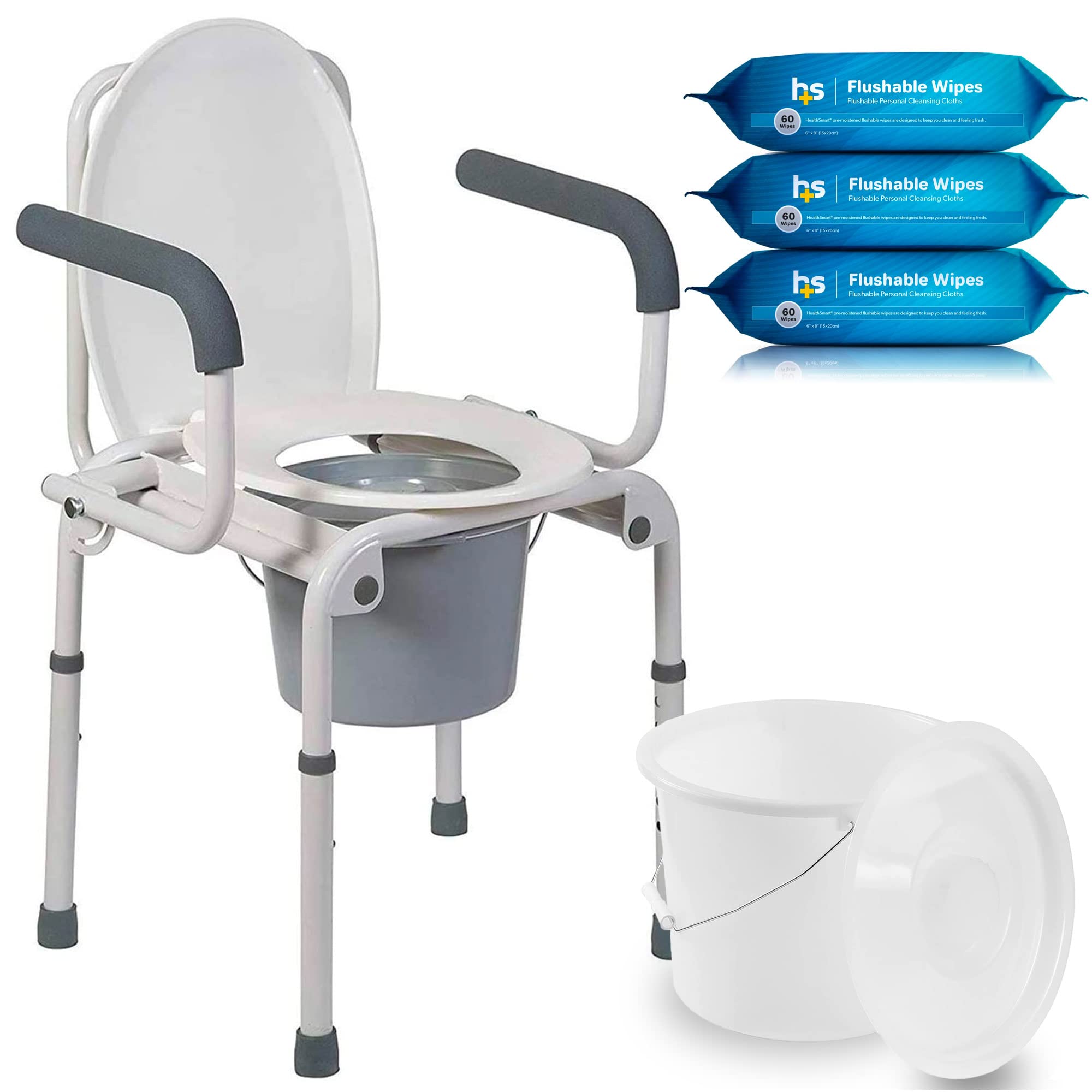 Portable Commode Kit, Includes DMI Drop Arm Commode, DMI Bedside Commode Replacement Bucket with Lid & Handle, and HealthSmart 180 Count Flushable Wipes