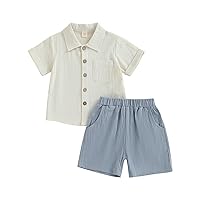 Kids Boys Summer Outfits Solid Color Turn-Down Collar Short Sleeve Shirts and Elastic Waist Shorts 2Pcs Clothes Set