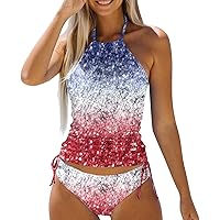 Swimsuit with Shorts and Sleeves AmericanFlag Printed Swimsuit Backless 2 Piece Printing Adjustable Print Multi