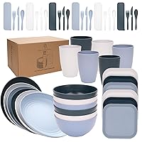 Wheat Straw Dinnerware Sets,Unbreakable Dishes Microwave Safe Dinnerware,Lightweight Reusable Bowls with Plates,Cups,Knives,Forks and Spoons Utensil Set for Camping (C Set of 6)