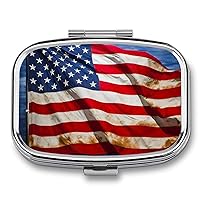 Pill Box Square Pill Case for Purse & Pocket Portable Mini American Flag Pill Organizer with 2 Compartment Cute Pill Container Holder Travel Pillbox to Hold Vitamins Medication Fish Oil