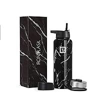 IRON °FLASK Sports Water Bottle - Wide Mouth with 3 Straw Lids - Stainless Steel Gym & Outdoor Bottles for Men, Women & Kids - Double Walled, Insulated Thermos, Metal Canteen - Black Marquina, 40 Oz