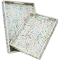 Serving Trays Handmade Trays for Serving Mother of Pearl Inlay Decorative Tray Room Decor, Coffee Table Tray Set of 2 Trays Decor for Ottoman Length 16'' and 14''