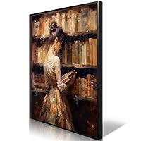 Jesicatmin Vintage Portrait Oil Painting Wall Art Retro Library Girl Reading Old Book Posters Famous Antique Female Canvas Pictures Prints Wall Decor Aesthetic for Gallery 12x16in Metal Framed