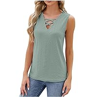 Women's Cutout V Neck Tank Tops Fashion Eyelet Embroidery Sleeveless T-Shirts Summer Casual Loose Fit Beach Blouses