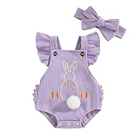 DuAnyozu Baby Girl Easter Outfit Ruffle Romper Newborn Bunny Onesie Waffle Knit Sleeveless Jumpsuit Cute Clothes+Headband