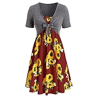 Dresses for Women 2024 Casual Midi, Dress Print Suit Dress Bow Sleeve Bandage Sunflower Knot Top Mini Short Wo