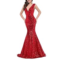 Women's V Neck Long Evening Dress Mermaid Sequins Prom Formal Gown
