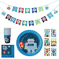 Robot Party Supplies Bundle for 12 Guests includes Plates, Cups, Napkins, Robot Stickers and Pre-Assembled Happy Birthday Banner - Robot Party Decorations and Party Supplies for Kids