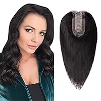 Hair Toppers Pieces for Women Real Human Hair, Upgraded 7 * 13cm Silk Base Clip in Hair Extensions Hair Toppers Wiglets Hairpieces for Thining Hair Women Short Hair, No Bangs 12 Inch #1B