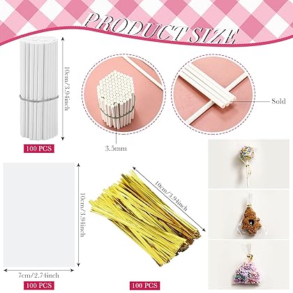 Lollipop Cake Pop Treat Bag Set, Including 100 Parcel Bags 100 Papery Treat Sticks Metallic Twist Ties and Meat Baller with Handles, Cake Pops Making Tools for Candies, Chocolates and Cookies