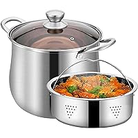 Stainless Steel Stock Pot with Basket Stockpot with Lid and Basket - 6.7/8.6/10.9Qt Raised Chicken Stew Pot Seafood Steamer Large Soup Pot Saucepan for Vegetable, Stews, Pasta, Dumpling