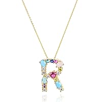 Cubic Zirconia Initial Necklace For Women | Dainty Initial Necklace | 18k Gold Plated Colorful Crystal Letter Necklace For Girls