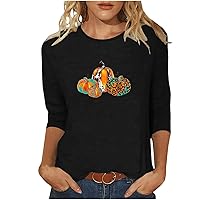 3/4 Sleeve Tops for Women Halloween Pumpkin Print Cute Tee Shirts Loose Dressy Blouse Fall Fashion Thanksgiving Tshirt