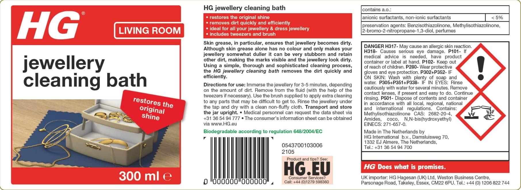 HG Jewellery Cleaning Bath, For Gold & Silver Fine Dress Jewellery, Gentle Easy To Use Cleaner Kit Restores Shine & Sparkle - 300ml (437030106)
