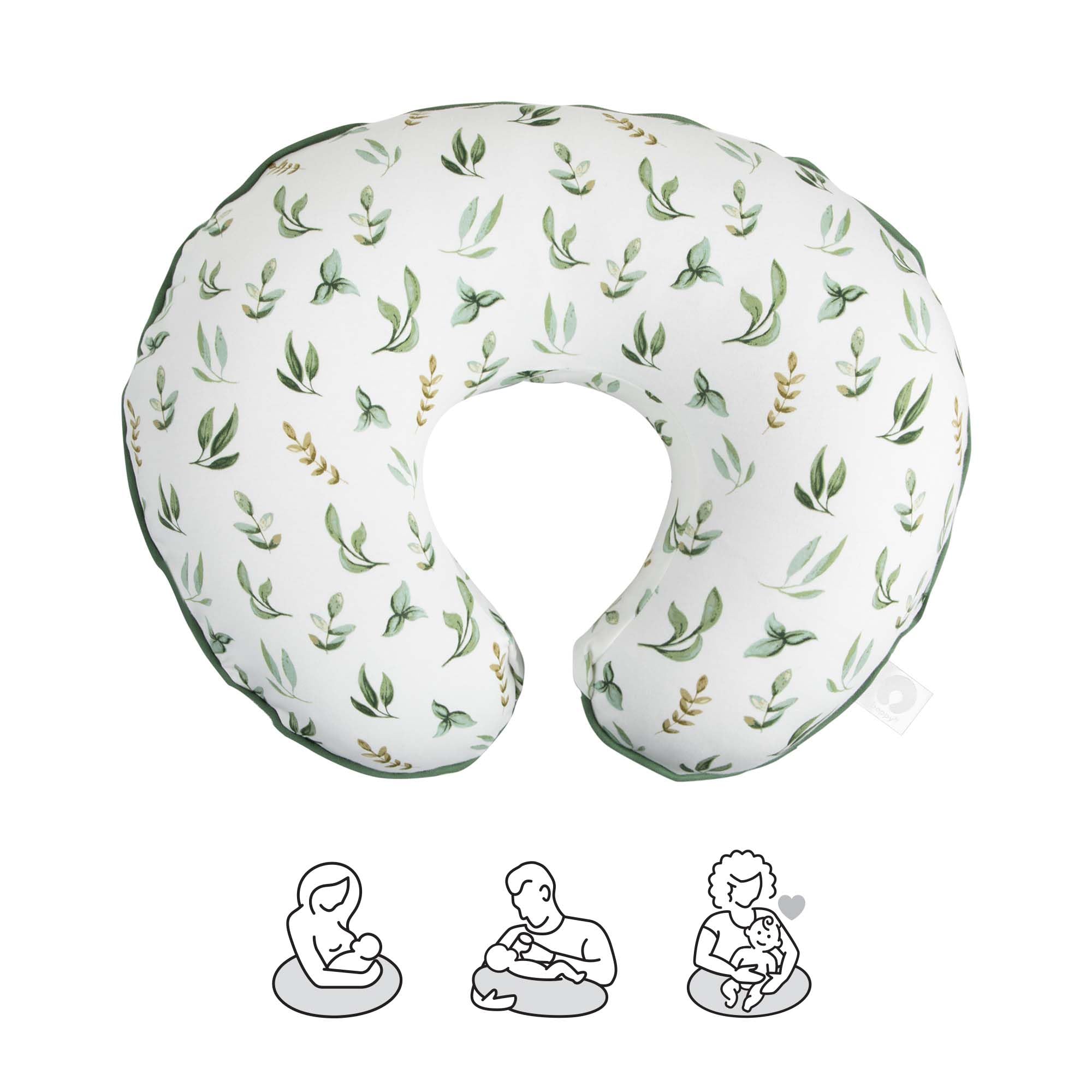 Boppy Organic Original Support Nursing Pillow, Green Little Leaves, Ergonomic Breastfeeding, Bottle Feeding, Bonding, 100% Organic Cotton, Hypoallergenic Fill, Machine Washable