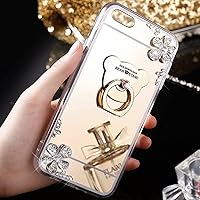 Makeup Mirror Case with 2PCS Glass Screen Protector, Luxury Crystals Soft Cover Bling Flowers Diamond Case with Bear Ring Holder Stand for Women (Gold,for Samsung Galaxy S10E)