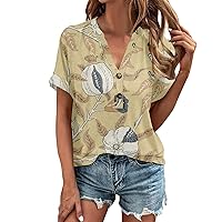 Floral Blouses for Women, Women's Shirt Blouse Button Short Sleeve Casual Basic Top Pullover Fashion, S, XXL