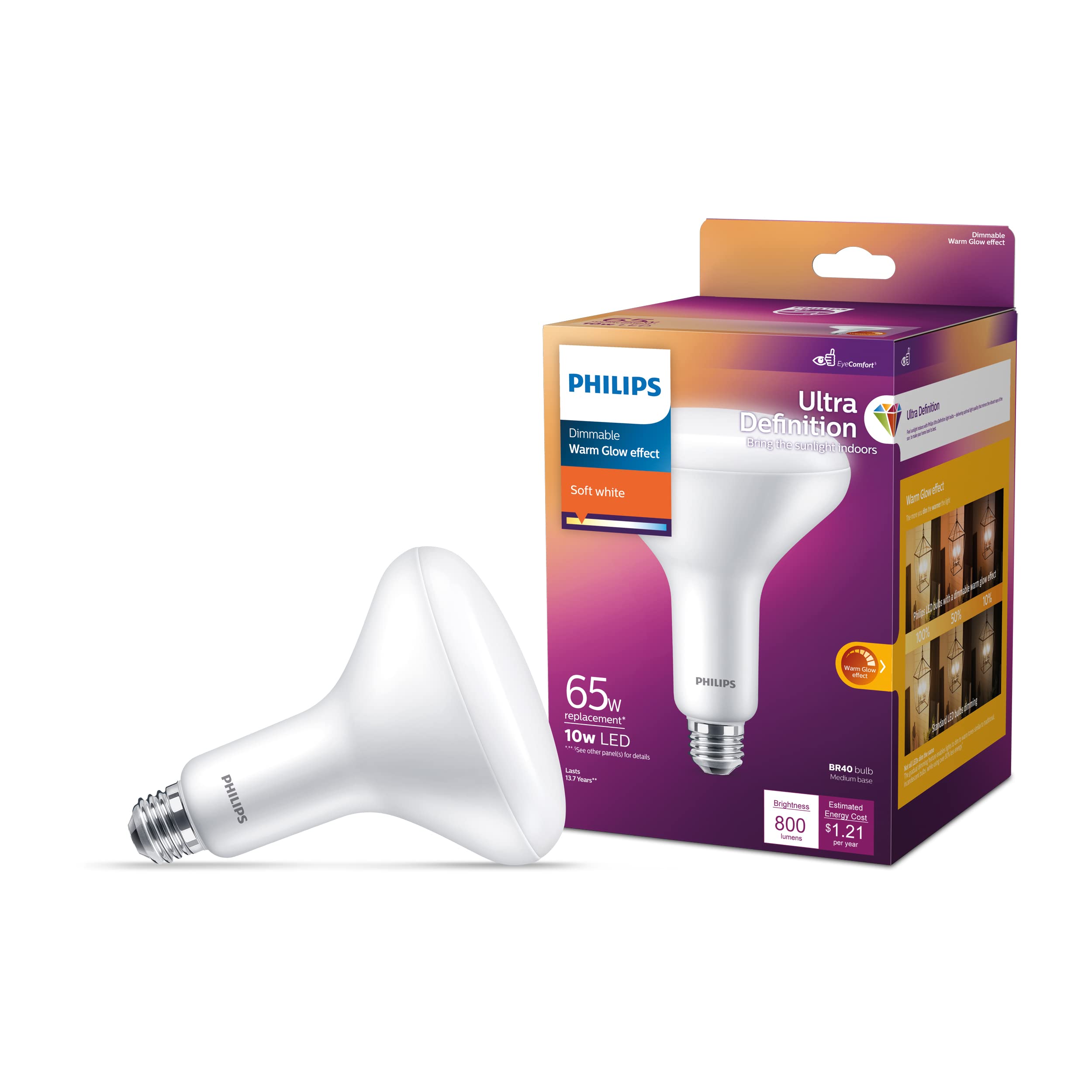 Philips LED Flicker-Free Frosted Dimmable BR40 Light Bulb - EyeComfort Technology - 800 Lumen - Soft White (2700K) - 10W=65W - E26 Base - Title 20 Certified - Ultra Definition - Indoor - 4-Pack