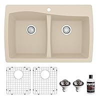 Karran QT-720 Drop-In Quartz Composite 34 in. 1-Hole 50/50 Double Bowl Kitchen Sink Kit in Bisque