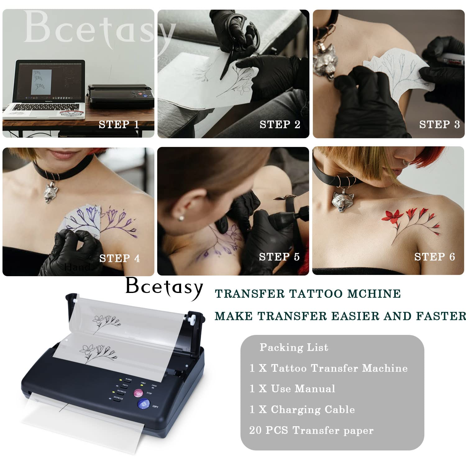 Bcetasy Tattoo Transfer Stencil Printer, with Free 20PCS Transfer Paper, Thermal Copier Machine for Tattoo Transfer Temporary and Permanent Tattoos,Black