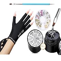 modelones Professional UPF99+ UV Protection Gloves and Rhinestone Glue for Nail, No Wipe Nail Gem Glue, Super Strong Adhesive Glue Gel with Nail Charms & Dual-Use Nail Brush for Nail Rhinestones/Nail