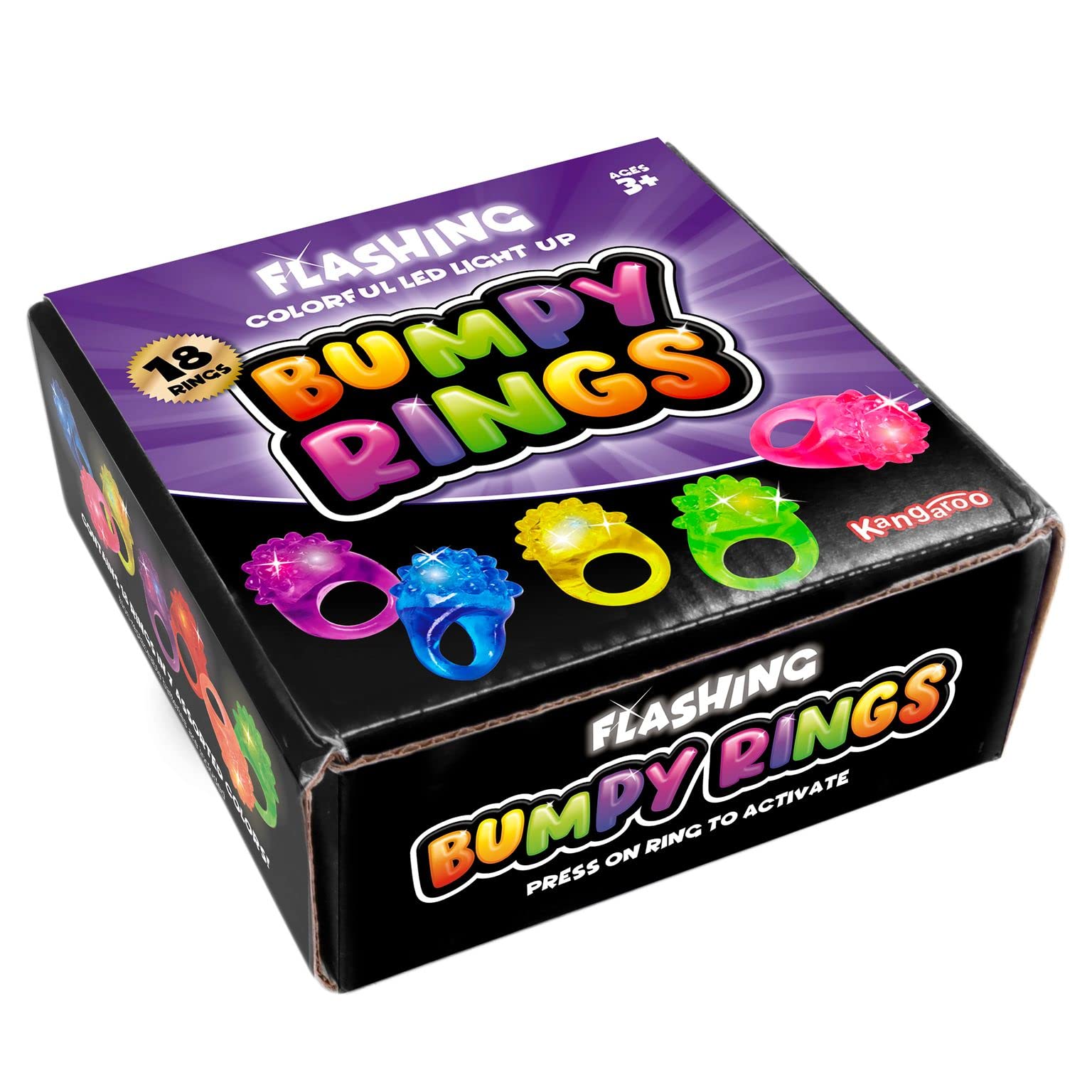 Kangaroo Kids' LED Light Up Rings or Glow-in-The-Dark Neon Ring Bumpy Toy Decorations for Birthday Party Favors, Glow Party Favors, Small Toys for Kids Prizes, Surprise Toys for Girls, Boys