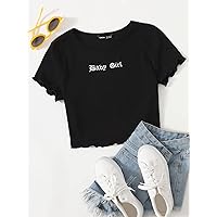 Women's Tops Women's Shirts Sexy Tops for Women Letter Embroidery Lettuce Trim Tee (Color : Black, Size : Medium)