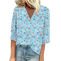 Going Out Tops for Women Independence Day Printed Lace Tops American Flag 3/4 Sleeve V Neck Top Casual Summer Blouse
