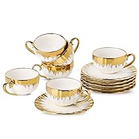 Espresso Cups and Saucers, Porcelain Coffee Cup and Saucer Set with Gold Trim, 2.5 oz Demitasse Cup with Handle for Single Espresso, Latte, Set of 6，White