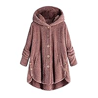 Winter Button Down Coats for Women Plus Size Fleece Sherpa Hooded Jacket Oversized Thicken Warm High-Low Hem Tunics