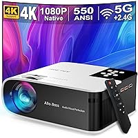 Projector with 5G WiFi and Bluetooth, 550ANSI Native 1080P Full HD Outdoor Portable Projector 4K Support, Home Theater Video Movie Projector Compatible with TV Stick, HDMI, USB, iPhone & Android Phone