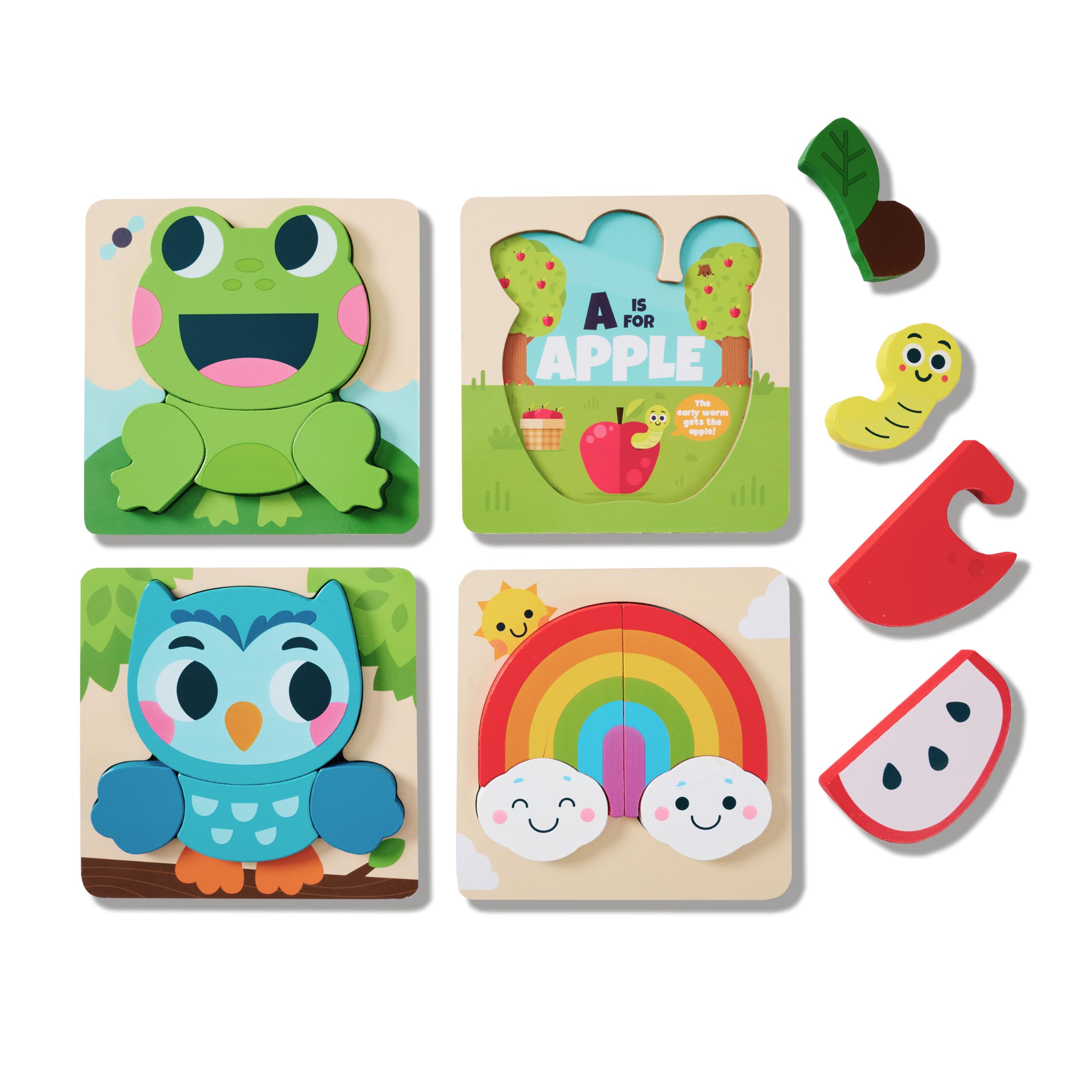 Chuckle & Roar - My 1st Wooden Puzzle Set - 4 Pack of Colorful Images - Apple, Frog, Rainbow, and Owl Characters - Educational for Preschoolers - Ages 3 and Up