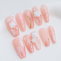 Sun&Beam Nails Handmade Press on Fake Nails Medium Long Nail Tips Popular Design Ballerina Pink 3D Flower Cute Pearl with Storage Box 10 Pcs (002 XS)