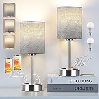 PARTPHONER Touch Table Lamps for Bedroom Set of 2, Bedside Nightstand Lamps with USB Port and Power Outlet, 3 Way Dimmable White Lamp for Living Room Nursery Room, Warm White Bulbs Included