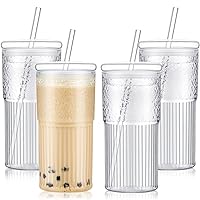 Hoolerry 4 Pcs Clear Glass Cups 18 oz Ribbed Iced Coffee Cup Fluted Glass Tumbler with Straw and Lid Ridged Vintage Glassware for Home Office Bar Drinking Water Tea Milk Soda Beer (Transparent)