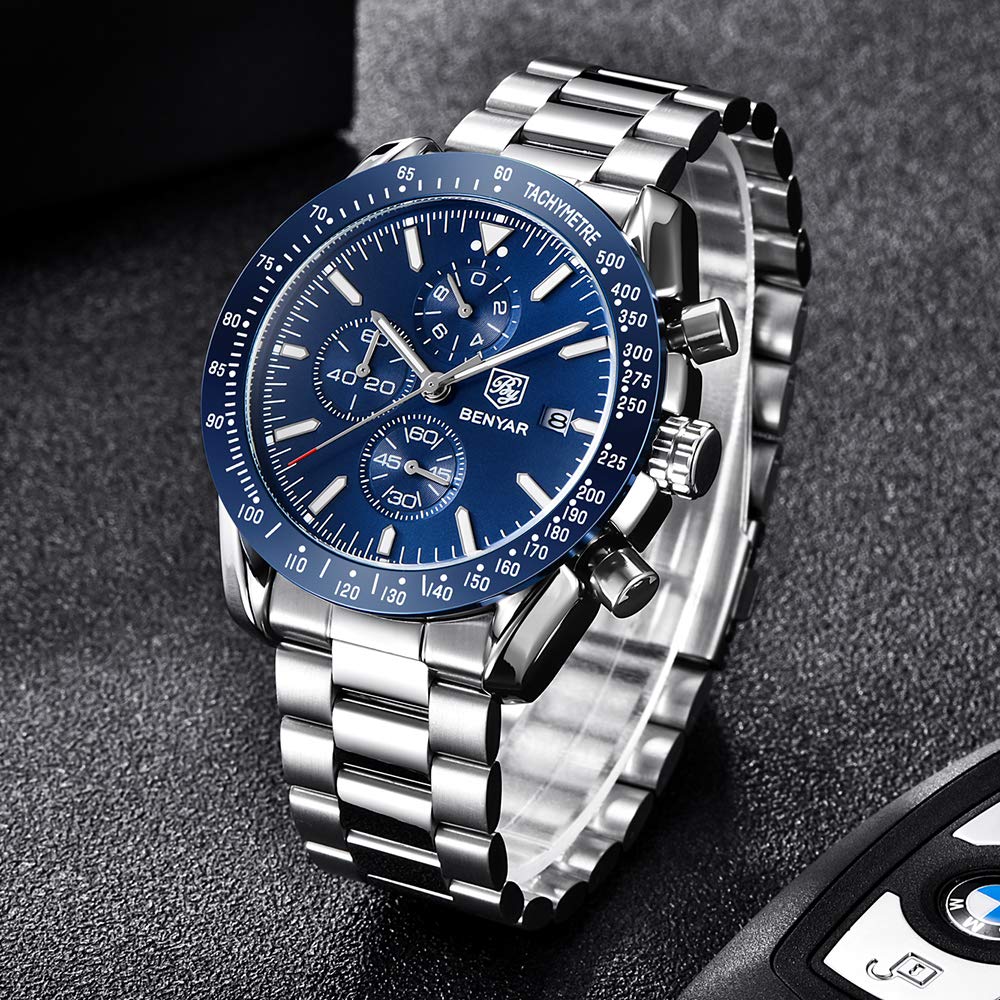 BENYAR Herren Uhr Chronograph Analogue Quartz Wasserdicht Business Schwarz/Blau Zifferblatt Armbanduhr mit Braunes Leder Armband
