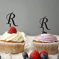 Initial R Cupcake Toppers Single Letter Monogram Name Branches Leaf Retro For Wedding Bridal Shower Cake Decorations Reusable Personalized 26Letters Wedding Gifts Glitter Black 6PCS