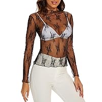 Women's Mesh Top Long Sleeve Mock Neck Sheer Layering Top Sexy Lace Floral See Through Shirts Party Club Night Blouse
