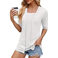 Women's Blouses Dressy Casual Solid Colour Square Neck Patchwork Five Points Sleeve T-Shirt Casual Top, S-2XL