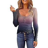 Women's Long Sleeve Henley Shirt Loose Trendy T Shirt Top Ribbed Knit Sweater Buttoned Patchwork Thermal Tunic