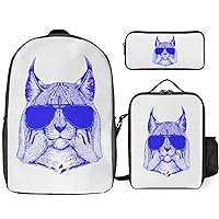 Cool Lynx Print Backpack 3Pcs Set Cute Back Pack with Lunch Bag Pencil Case Shoulder Bag Travel Daypack