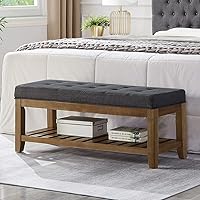 Large Rectangular Upholstered Tufted Linen Fabric Ottoman Bench, Padded Bench with Solid Wood Shelf-Charcoal