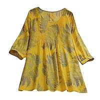 Blouse Casual Cotton and Linen Three Quarter Long Sleeve Pleated Printed O Neck Loose Tops Shirt for Women