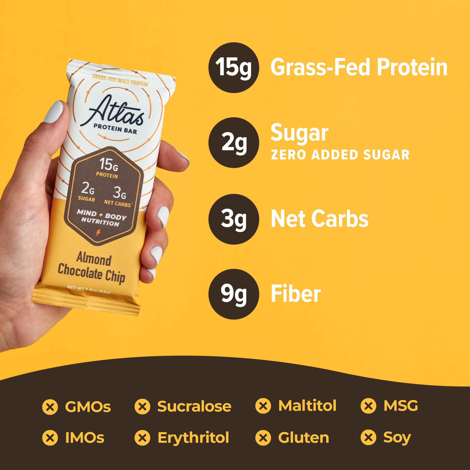 Atlas Protein Bar Mind + Body Fuel, Almond Chocolate Chip, Erythritol Free, High Protein, Low Sugar, Low Carb, Keto, Gluten Free (30 Count)